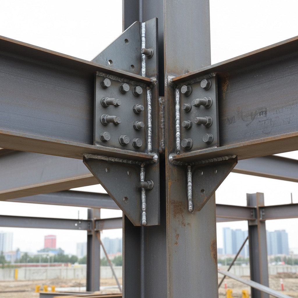 Giunto strutturale in acciaio con travi bullonate e saldate su una colonna portante in un cantiere edile.