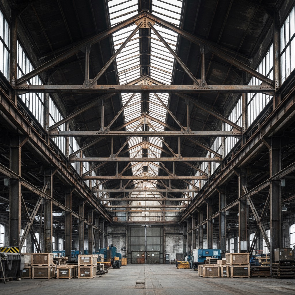 Interno di un vasto capannone industriale con struttura in acciaio a vista e ampie vetrate sul soffitto.