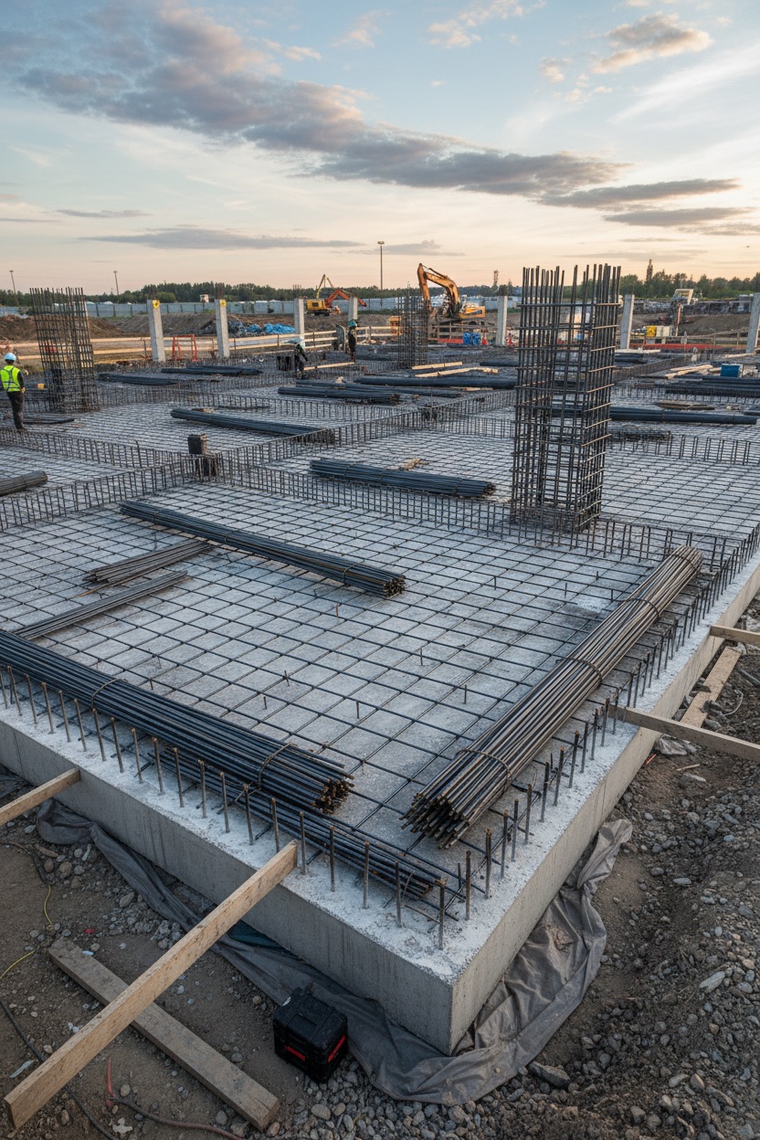 Cantiere edile con una base in cemento armato rinforzata da una rete di tondini in acciaio e pilastri verticali in costruzione.