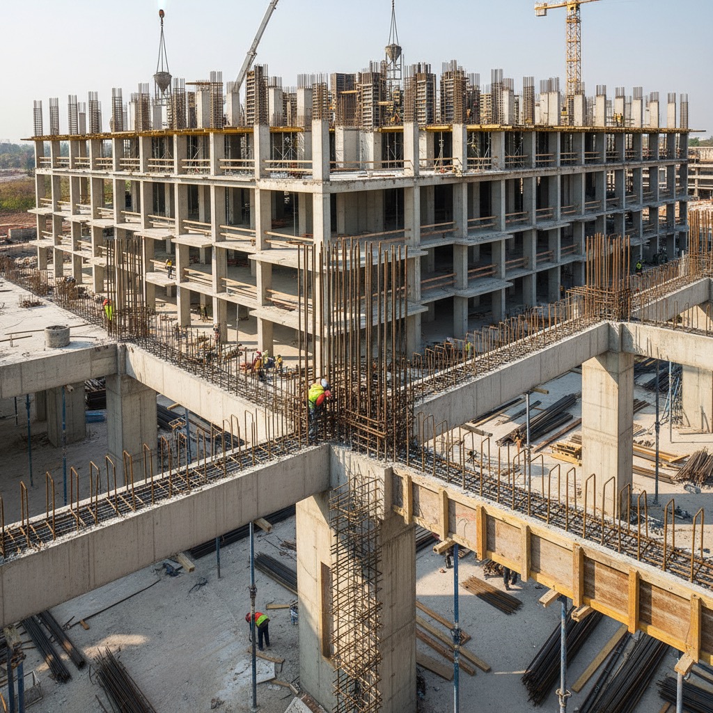 Operai lavorano alla struttura in cemento armato di un grande edificio in costruzione.